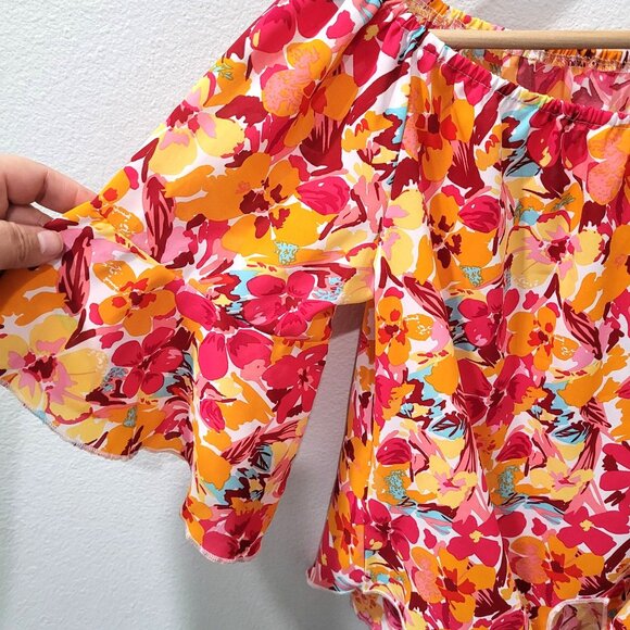 Shein Floral Off-Shoulder Tie-Front Cropped Top with Bell Sleeves Size M - Picture 2 of 8